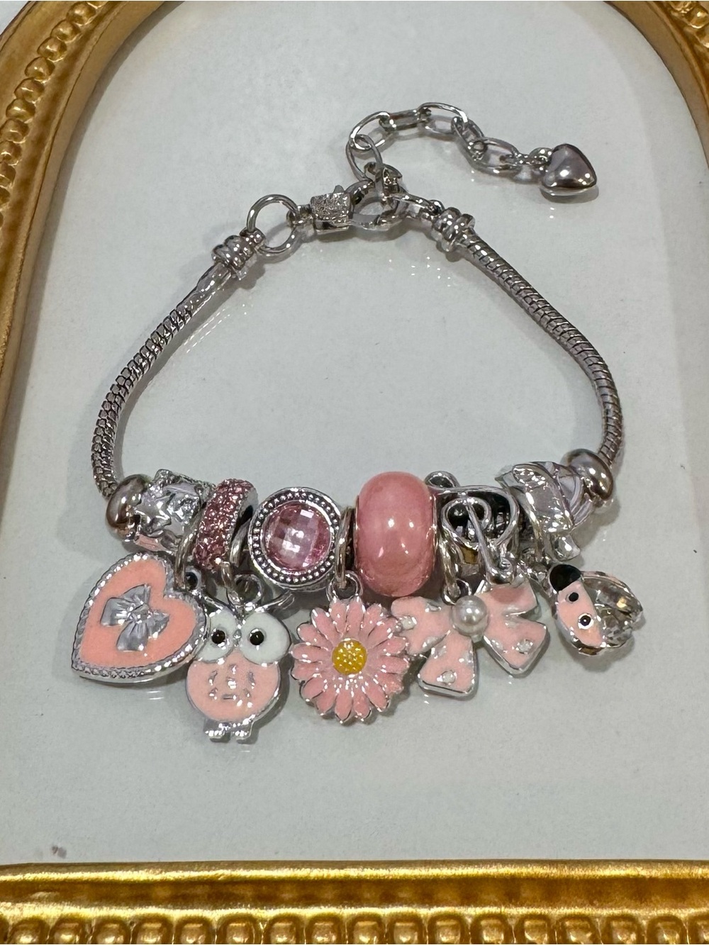 New Silver-Tone Pink Charm Bracelet 7 inches plus extender